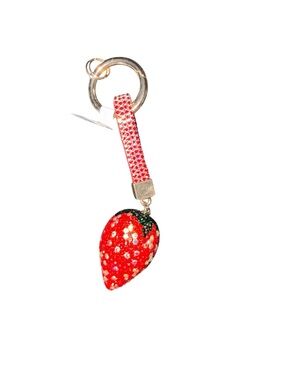Rhinestone Strawberry Charm Keychain with Gold Hardware